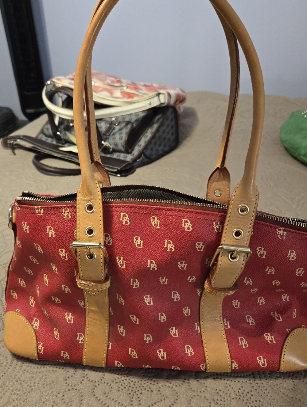 Dooney & Bourke Red Monogram Bag + Glass Case with Tan Leather Trim, 14x7x5
